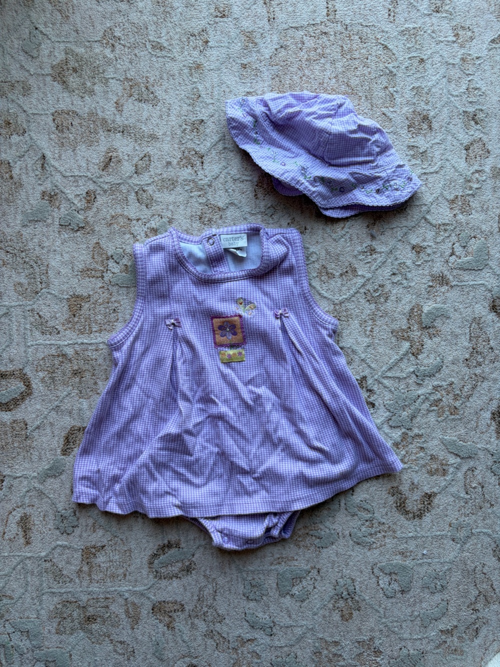 Vintage 90s Carter’s Lavender Gingham Floral Embroidered Onesie + Hat Bundle